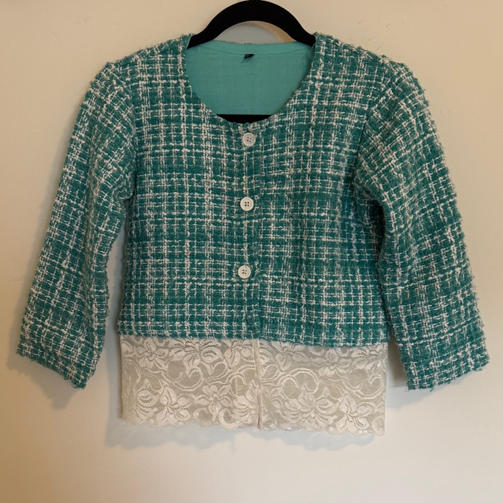 Teal Tweed Jacket with Lace Hem